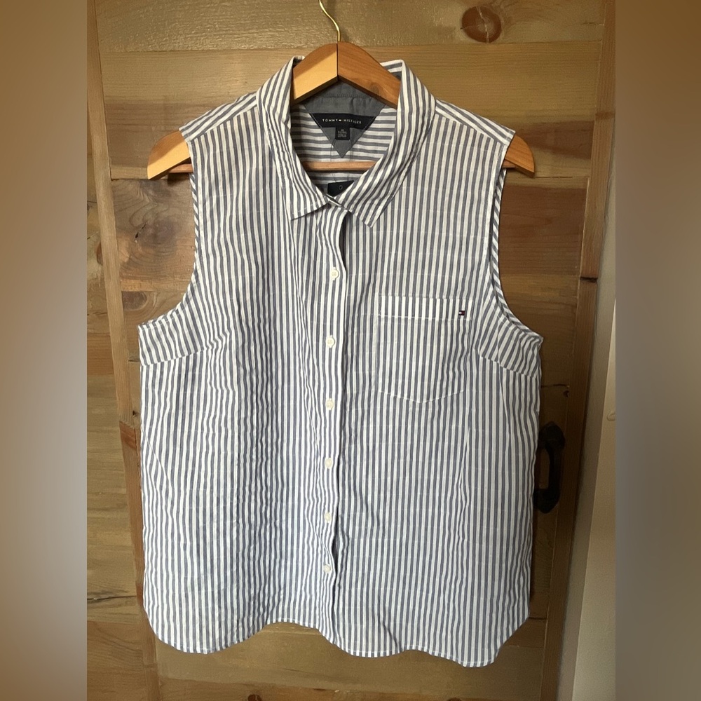 Tommy Hilfiger - Sleeveless Striped Button-Up Shirt - Blue & White